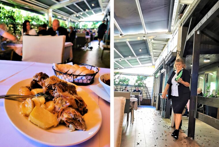 Tanjur janjetine i pogled na terasu restorana